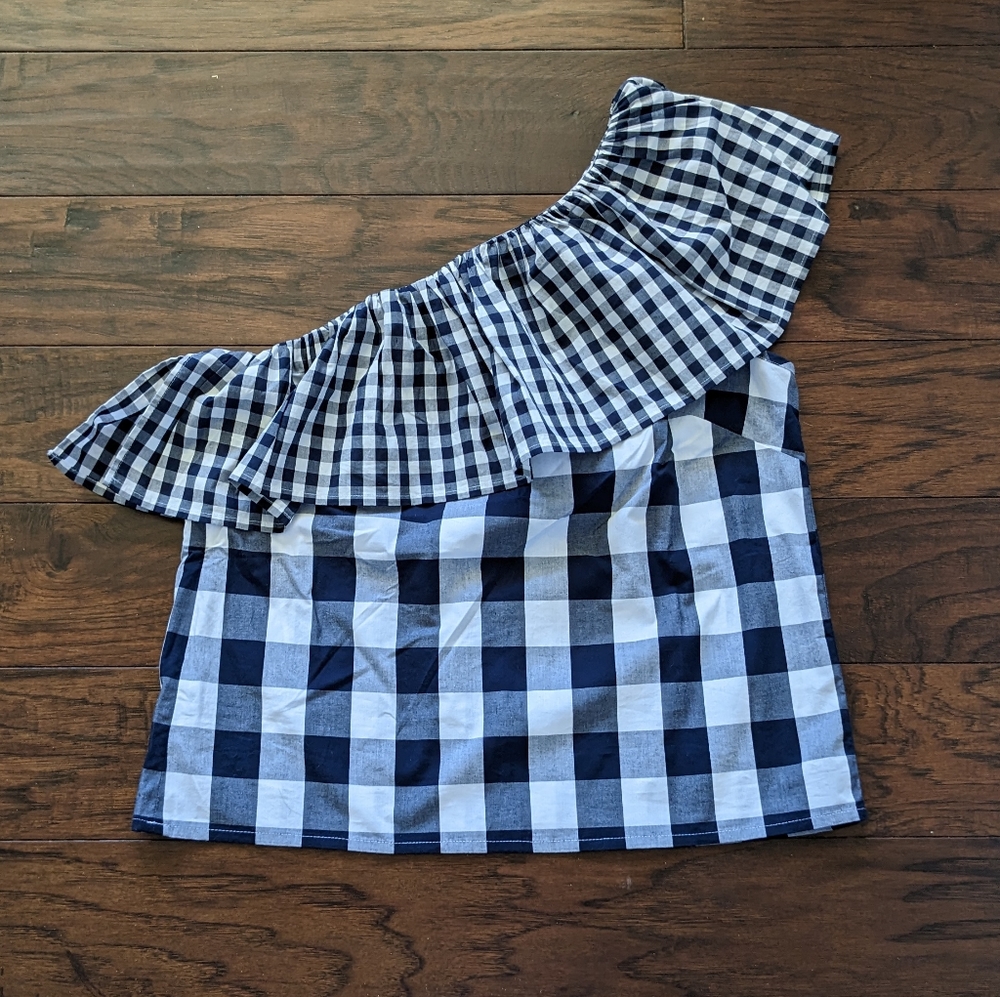 NWT J Crew Factory Gingham Ruffle One-Shoulder Top
